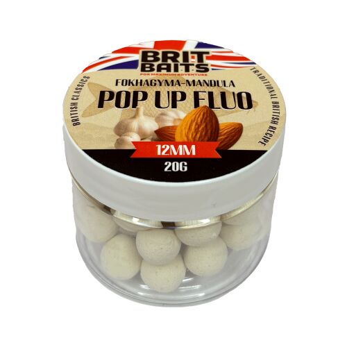 BritBaits Pop Up fluo fokhagyma-mandula 12mm lebegő horogcsali átlátszó tégelyben, ponty és amur horgászathoz 