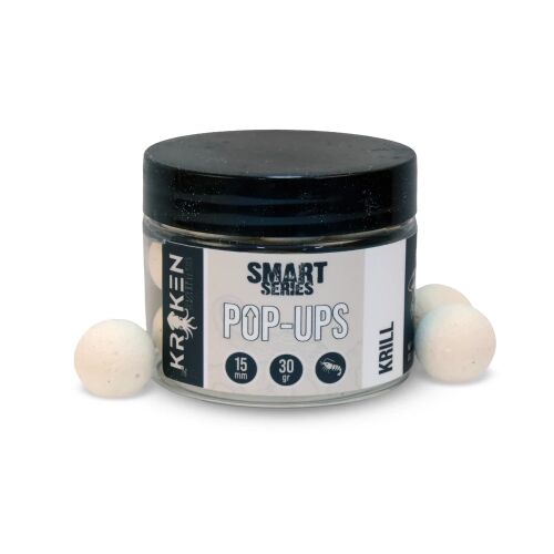 KRAKEN Smart Series Krill Fluo Fehér Pop Up 15mm horgászcsali üvegben, fehér háttér, pontyhorgászathoz - Lebegő csali