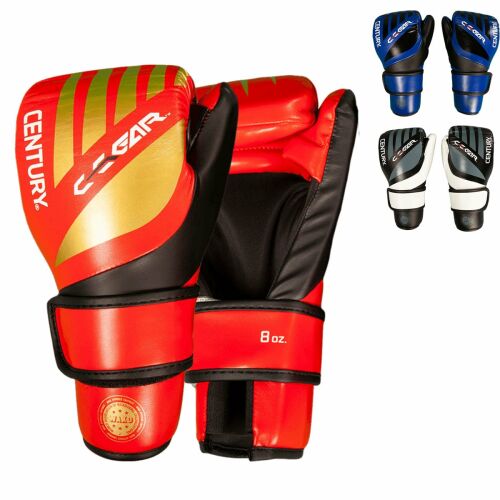 Piros-arany Century C-GEAR Pontos harci kesztyűk kollázsa, S méret, kisebb kék és fehér színváltozatok képeivel, ideális termékválasztáshoz - Játék