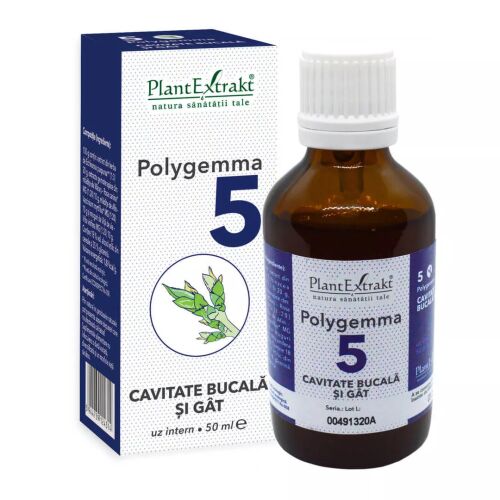Polygemma 5 PlantExtrakt szájüreg és torok étrendkiegészítő 50ml flakon csomagolással, elölnézet 