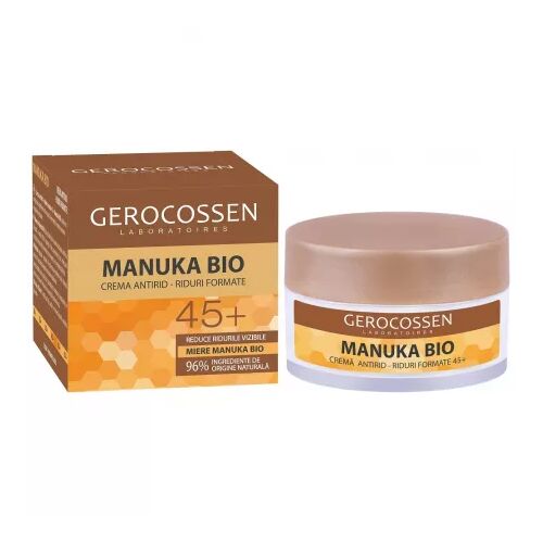 Gerocossen Manuka Bio Ránctalanító krém 45+ Manuka mézzel 50 ml, csomagolás és tégely 
