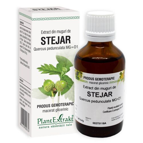 Plantextrakt Tölgyrügy kivonat, 50 ml, barna üveg fehér kupakkal, mellette a fehér és zöld doboza tölgyfalevél és makk illusztrációval. 