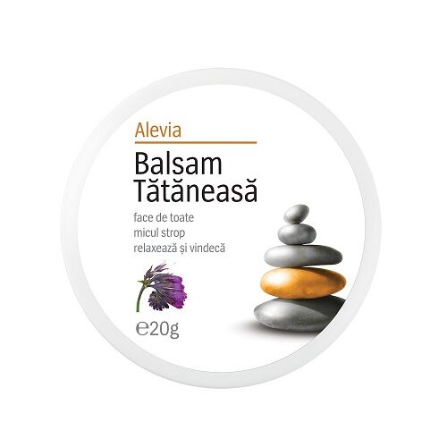 Alevia Tataneasa balzsam 20g, gyógynövényes feketenadálytő krém bőrregenerációra és fájdalomcsillapításra, lila feketenadálytő virággal és kiegyensúlyozó kövek illusztrációjával fehér háttéren - Gyógynövény krém