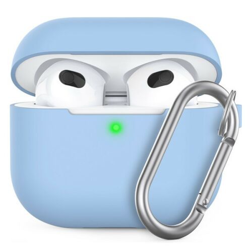 Phoner Simple Apple AirPods 3 éjkék szilikon tok akasztóval, kinyitva, benne az AirPods fülhallgatókkal - Headset kiegészítő