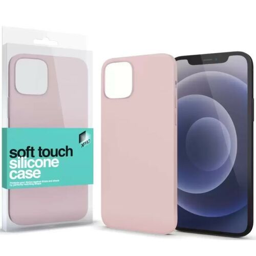 Apple iPhone 13 Mini Xprotector Soft Touch rózsaszín szilikon tok csomagolással egy iPhone mellett 