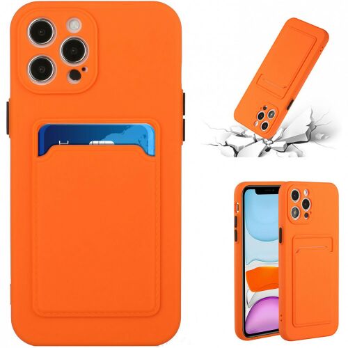 Narancssárga Wooze Card Slot szilikon tok Xiaomi Redmi Note 12 5G / Poco X5 5G telefonhoz, kollázs fő termékkel, leejtés elleni védelem példával és termék telefonon - Wooze