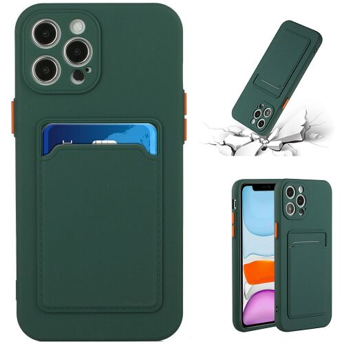 Sötétzöld Wooze Card Slot szilikon tok Apple iPhone 15 Plus-hoz kollázsa, elölről, hátulról kártyatartóval és ütésállósági illusztrációval. - Wooze