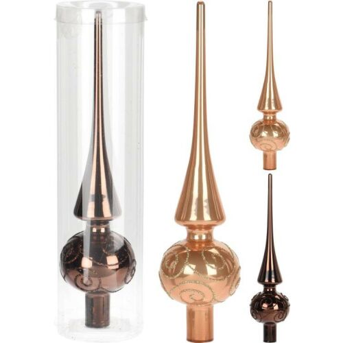KARÁCSONYI CSÚCSDÍSZ BOROSTYÁN 25CM 1DB karácsonyfa csúcsdísz borostyán/bronz színben csillogó részletekkel, kicsomagolva és védő csomagolásban is látható, több nézetből. - Karácsony