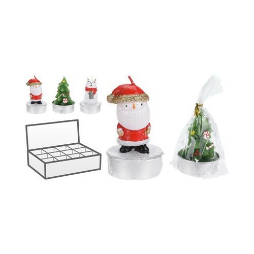 KAR Karácsonyi figurás teamécsesek 6cm, Mikulás, karácsonyfa és hóember mintákkal, ünnepi otthoni dekorációhoz és ajándékba - Dekoráció