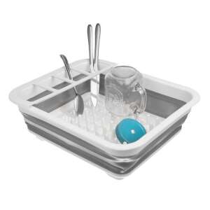 Fehér és szürke bővíthető edényszárító evőeszköztartóval, ideális kis konyhákba - Edényszárító