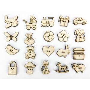 20 darabos fa gomb szett különféle mintákkal, állatokkal, járművekkel és tárgyakkal, tökéletes kézműves és varrási projektekhez - Gomb