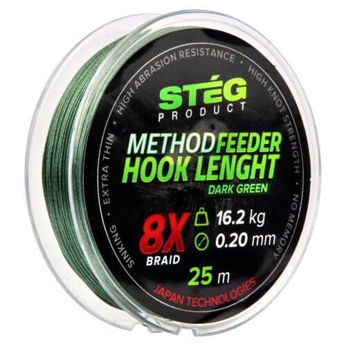 STÉG Method Feeder 8 szálas fonott előkezsinór, 0.20mm 25m, sötétzöld, magas kopásállósággal, nagy csomótűrő képességgel horgászathoz - Fonott előkezsinór