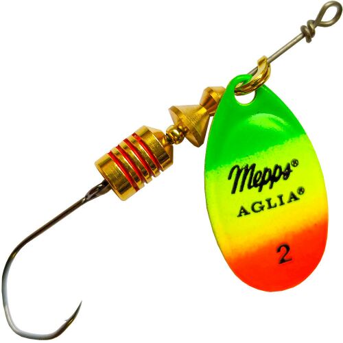 MEPPS AGLIA FLUO HS Tiger/Arany 2 4,5g körforgó villantó, UV-aktív horgászcsali sötét és zavaros vizekhez, élénk zöld-sárga-narancssárga penge 'Mepps Aglia' felirattal és 2-es mérettel, arany testtel és hármashoroggal - Körforgó és támolygó villantó
