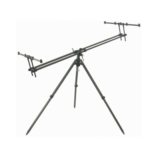 Mivardi Tripod Monster rod pod horgászathoz, egy erős, állítható háromlábú állvány két bottartóval, fehér háttéren, 3 vagy 4 bot részére alkalmas. - Rod pod és tripod