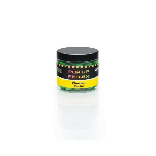 Mivardi Rapid Reflex Pop-Up fokhagyma 14mm horgászcsali átlátszó tégelyben, fekete fedéllel, zöld pop-upok láthatók, fehér háttéren - PopUp