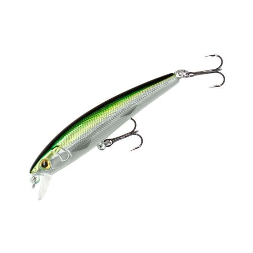 Mikado Needle Wobbler 7.5cm OB horgászcsali, zöld és ezüst színű kemény műcsali hármashorgokkal, ferde nézetben - Wobbler