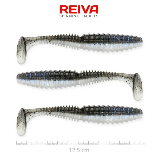 Három REIVA Zander Power Shad 12.5cm gumihal Magic Fish színben, csomagolás nélkül, fehér alapon fekve, kiemelve bordázott testüket és lapátfarkú kialakításukat ragadozóhal horgászathoz - Horgász csali