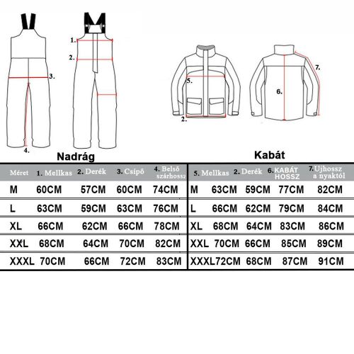 SILSTAR Exclusive Line Thermo Vadásznadrág és Kabát Mérettáblázat, részletes méretek nadrághoz és kabáthoz különböző méretekben (M, L, XL, XXL, XXXL) - Téli horgász ruházat