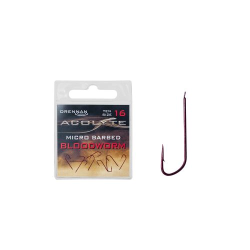 Drennan Acolyte Micro Barbed Bloodworm Hook 16-os méretű horgok csomagban egy különálló horoggal mellette, piros, horgászathoz - Horgász horog