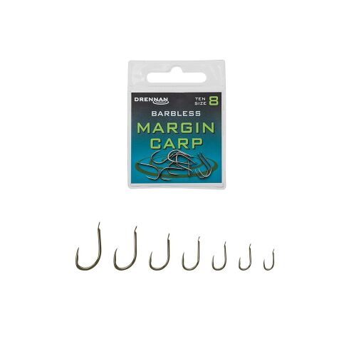 Drennan Barbless Margin Carp horog, 16-os méret, 10 db/csomag, különálló horgok és termékcsomagolás fehér háttéren - Feeder és pontyozó horog