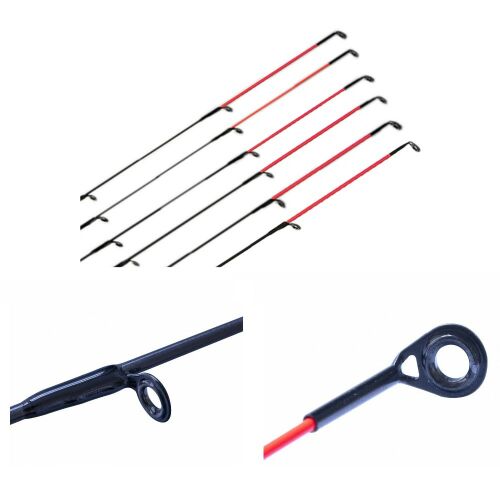 Drennan Acolyte Standard Feeder Tip 3 OZ, horgászbot spiccek piros és fekete részekkel, valamint közeli felvételek a botgyűrűkről, Acolyte Feeder botokhoz - Feeder és picker bot