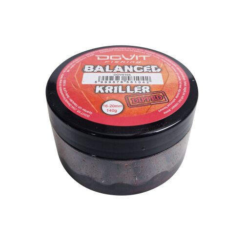 Dovit Dippelt Balanced Bojli Kriller 16-20mm 140g, egy tégely pontyhorgász csalizó bojli intenzív krill ízzel és piros címkével, ferde nézet - Horgász csali