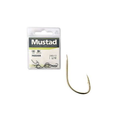 Mustad Match Feeder Spade horgászhorog 12-es méretben, 15 darabos csomagban, egy horog kivéve, fehér háttérrel - Horgász horog