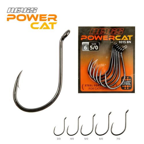 NEVIS Power Cat 9315 6/0 harcsázó horog, 6db/cs, fekete nikkel, vastagított horgászhorog kapitális harcsákhoz csomagolással és különböző méretekkel - Horgász horog