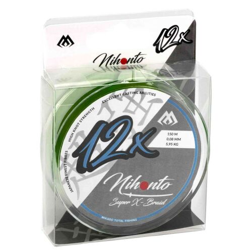 Mikado Nihonto Super X-Braid Zöld 0.20mm 150m professzionális fonott horgászzsinór átlátszó csomagolásban, kiemelve a 12x fonást, magas csomótűrést és kiváló dobási képességeket - Fonott zsinór