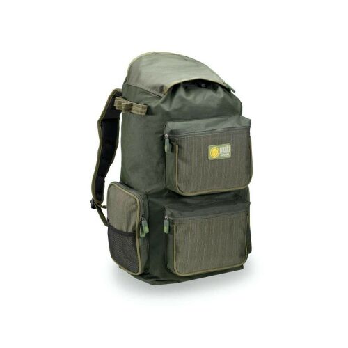 Mivardi Multi Green 50L horgász hátizsák, szögből nézve, több külső zsebbel és állítható pántokkal a rendezett horgászfelszerelés tároláshoz - Horgász hátizsák