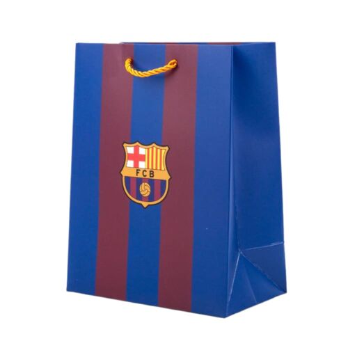 Kicsi FC Barcelona csíkos ajándéktasak 18x10x23 cm FCB címerrel fehér háttéren, ideális kisebb ajándékokhoz - Ajándékcsomagolás