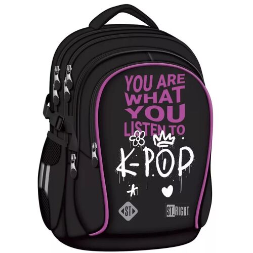 Fekete St.Right K-POP hátizsák elölnézete 'YOU ARE WHAT YOU LISTEN TO' és 'K-POP' graffitis dizájnnal lila és fehér színekben, ideális diákoknak. - Iskolatáska