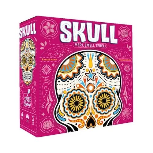 Skull társasjáték doboz élénk rózsaszínben stilizált koponya mintával és játéknévvel, ferde nézetben - Társasjáték