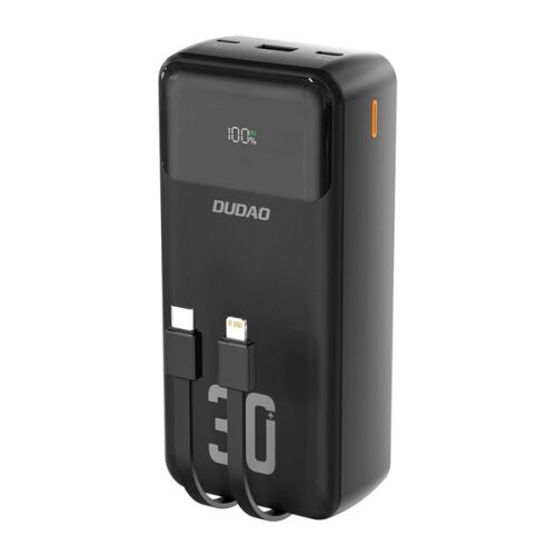 DUDAO K15MAX 30000mAh vésztöltő USB és 2 Type-C aljzattal, LED kijelzővel és fix Type-C/lightning kábellel, fekete színben - Dudao