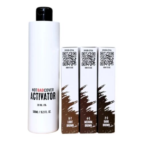 Not Bad Cover Aktivátor 500ml-es flakon Not Bad Cover 6-7 Világosbarna, 4-5 Középbarna és 2-3 Sötétbarna haj- és szakállfesték 3x60ml-es dobozokkal - Hajfesték