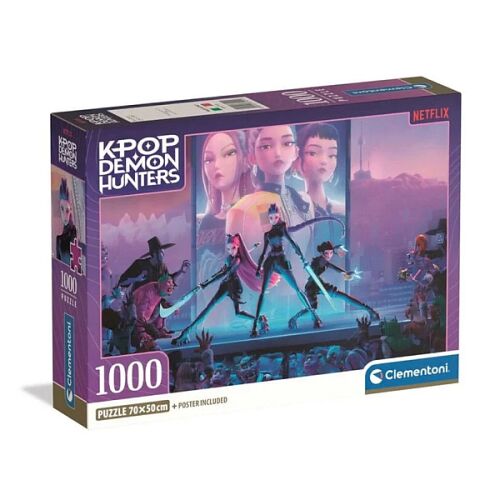 Clementoni K-Pop Demon Hunters 1000 darabos puzzle doboz, Netflix animációs sorozat K-Pop karaktereivel, logóval és Clementoni márkajelzéssel - Puzzle