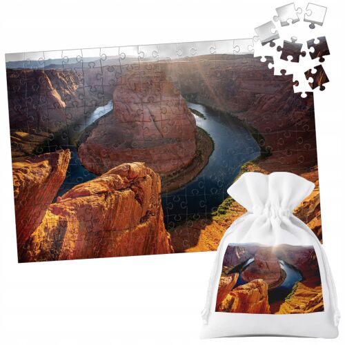 35 darabos Grand Canyon tájképes puzzle Patkó kanyarral, egyedi nyomtatott pamut táskával, bemutatva a részletes festői képet és a termék csomagolását - Puzzle
