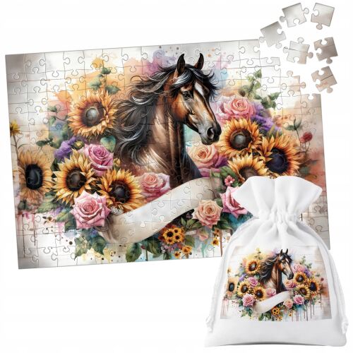 Gyönyörű lovas kirakós puzzle napraforgókkal és rózsákkal, 70 darabos, élénk virágmintás, hozzá illő húzózsinóros pamut táskával tároláshoz, tökéletes ajándék puzzle kedvelőknek - Puzzle
