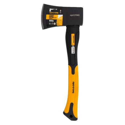 Teljes kép a Rotor Axe 601 fejszéről, 900g-os fejjel és fekete-sárga szálas nyéllel, fehér háttér előtt elhelyezve, favágáshoz alkalmas. - Fejsze és balta