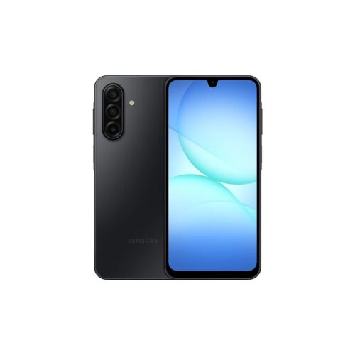 Fekete Samsung Galaxy A17 5G okostelefon dual SIM-mel, 128 GB tárhellyel, elölnézetben és hátulnézetben, fehér háttér előtt - Mobiltelefon