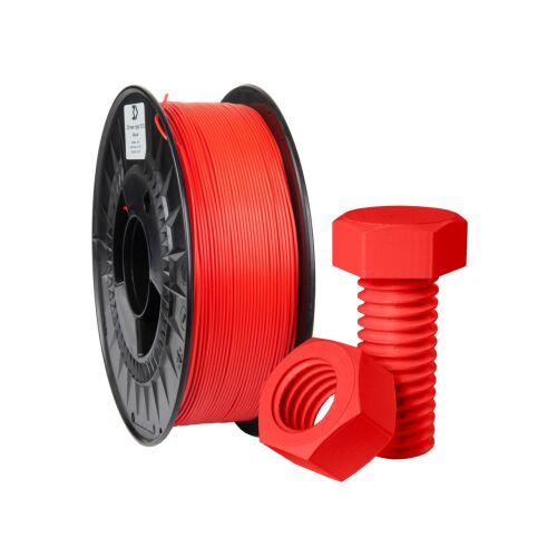 3DPower Hyper PCTG piros 1,75mm 1kg izzószál tekercs egy piros 3D nyomtatott csavar és anya mellett, termékbemutató - 3D nyomtató kellékanyag