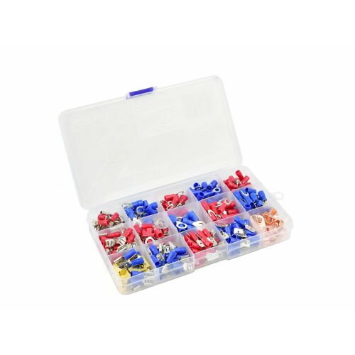 Szigetelt csatlakozókészlet 300 db (60) szigetelt vezeték saruk átlátszó műanyag rendszerező dobozban, ferde nézetben piros, kék és sárga csatlakozók láthatók - Vezetékcsatlakozó