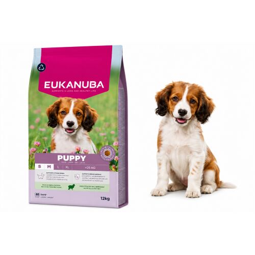 Eukanuba Puppy Junior Small Medium Lamb & Rice száraz kutyatáp 12kg-os zsák aranyos kölyökkutyával, bemutatva a termék csomagolását és kölyköt - Kutyaeledel