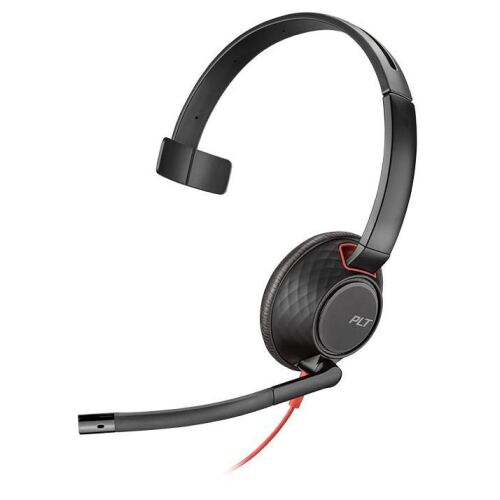 Poly Blackwire 5210 vezetékes egyfülű headset mikrofonnal, dőlésszögű nézet fehér háttéren - Poly
