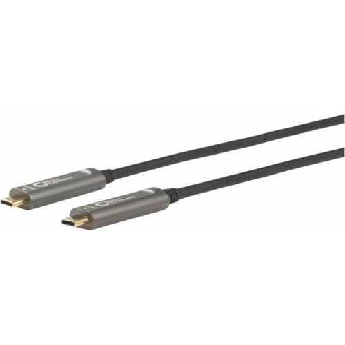 MicroConnect prémium optikai USB-C kábel 4K videóhoz, a fekete kábel mindkét végét ezüst csatlakozókkal fehér háttéren mutatva - USB kábel