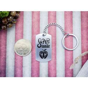 Szuper tanár feliratú acél kulcstartó alma és T logóval, tanár ajándék - Ajándék kulcstartó