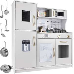 White wooden play kitchen with gold accents, featuring a microwave, oven, fridge, sink, and stovetop. Includes a shopping list, a phone, and a light. - Play Kitchen & Toy Kitchen