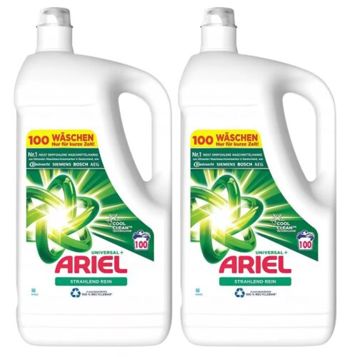 Két ARIEL Universal+ mosógél 5L flakon egymás mellett, összesen 200 mosáshoz 