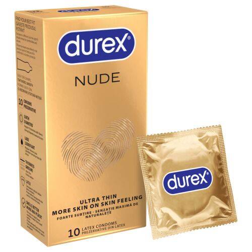 Durex Nude ultravékony latex óvszer 10 db-os kiszerelés, ferde nézetben az aranyszínű és kék csomagolás, mellette egy egyedi óvszer fóliába csomagolva - Óvszer