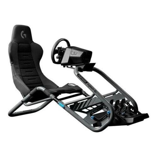 Playseat Trophy Logitech G Edition verseny szimulátor cockpit kormánnyal és pedálokkal, 3/4-es nézetben, fehér háttérrel - Gamer ülés